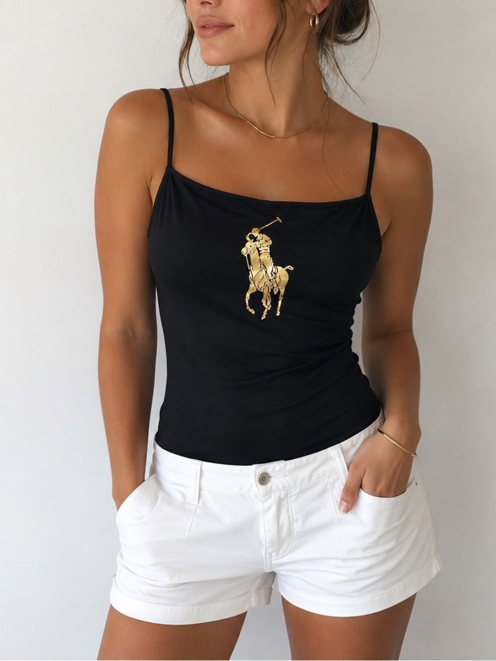 Vintage Y2K Ralph Lauren Black One Piece Swimsuit Gold Big Pony Logo Size 10